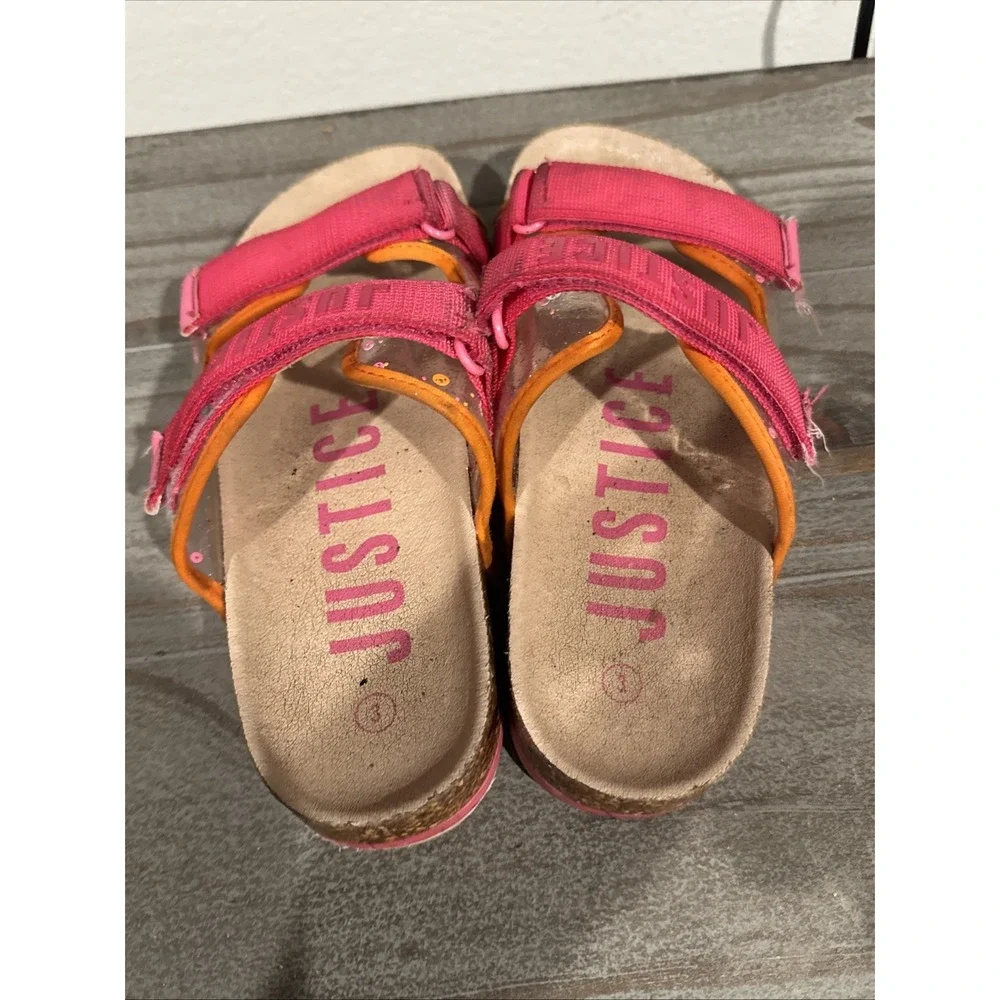 Justice Girls Pink Orange Sequin Slide Sandals Size 3 Hook & Loop Casual Shoes